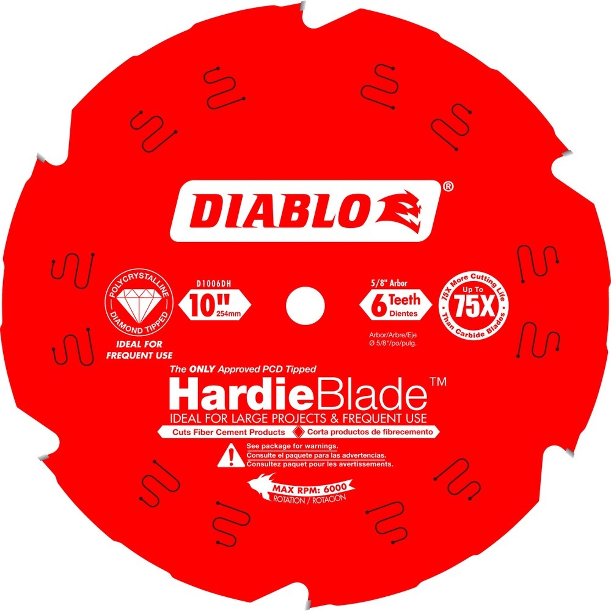 Diablo, 10 x 6 PCD Fiber Cement, Blade Diameter 10 in, Teeth Per Inch 6 TPI, Included (qty.) 1, Model# D1006DH